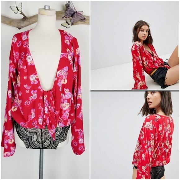 Free people forties feels red floral body suit
